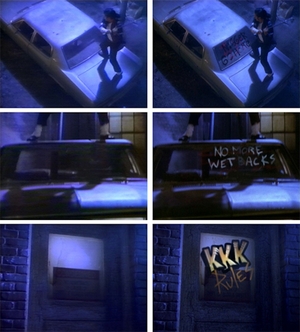 A comparison between the two versions of Michael Jackson's "Black or White" music video: the original version and the computer-altered racist graffiti version (with the messages reading "Hitler Lives" with swastika, "Nigger Go Home", "No More Wetbacks" and "KKK Rules")[38]