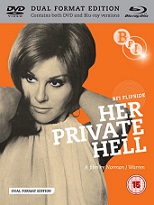 Over the head and upper body of a young woman reads the following text: "BFI FLIPSIDE - HER PRIVATE HELL - A film by Norman J Warren".