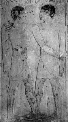File:Niankhkhnum and Khnumhotep embracing, at the false doors in their tomb, Dyn. 5, ancient Egypt.jpg