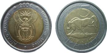 A 5-rand bimetallic coin issued in 2004