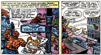 The Yancy Street Gang harasses the Thing in their first appearance; panels from Fantastic Four #15 (June 1963). Art by Jack Kirby and Dick Ayers. (c) Marvel Comics. Yancy FF 15.jpg