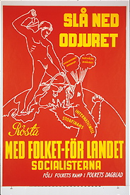 SP election poster. Text reads, "Strike the beast down - vote with the people for the country' (the dragon is labelled "International Big Finance"). Spfolketlandetposter.PNG