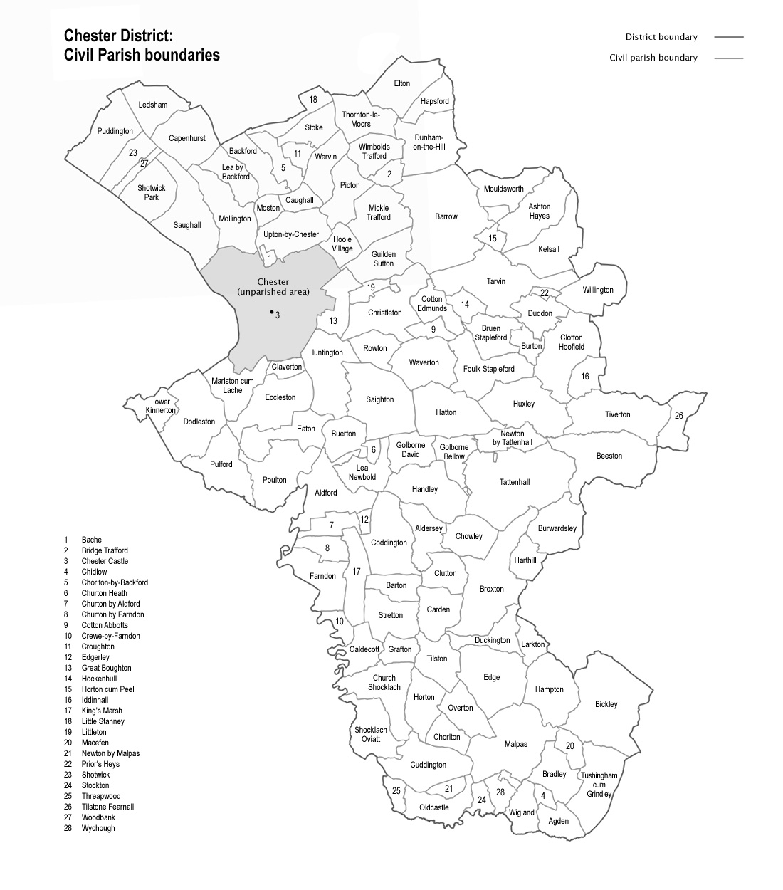 Map of civil parishes within the former City of Chester district