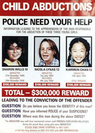 Spectrum Task Force reward poster for the abductions distributed in 1991. Crime stoppers reward poster for Sharon Wills, Nicola Lynas and Karmein Chan.jpg