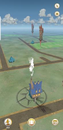 Players must physically travel to explore the game's map and visit fortresses (the two large towers), inns (building in foreground) and greenhouses (two small blue glasshouses).