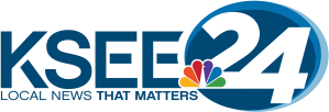 At left, the letters K S E E in a sans serif with stylized cuts. At right, a two-tone blue oval containing a white numeral 24, overlaid by the NBC peacock at the lower left. Beneath the K S E E letters are the words "Local News that Matters".