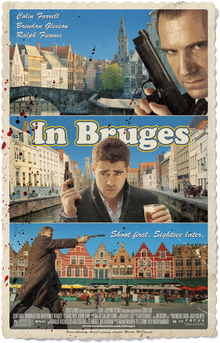 Poster in the style of a picture postcard. There are three panels, each with a different character and a different picture of Bruge