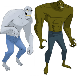 Killer Croc as he appears in Batman: The Animated Series (left) and later in its sequel series The New Batman Adventures (right).
