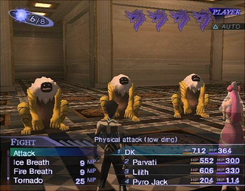 A battle in Shin Megami Tensei: Nocturne where the player is using the main character (now under control) and a party of three demons. The blue icons from the top right indicate how many turns the players have left SMT 3 Battle system.png