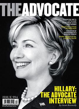 The cover of the American LGBT-interest magazine The Advocate, No. 994, October 9, 2007; Hillary Clinton is on the cover