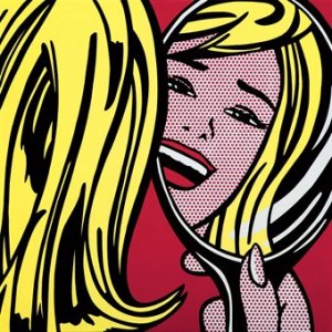 <i>Girl in Mirror</i> 1964 porcelain-enamel-on-steel pop art painting by Roy Lichtenstein that is considered to exist in between eight and ten editions