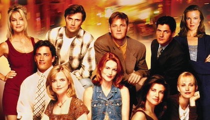 The cast of Melrose Place season three (1994-1995). From left to right: Heather Locklear, Andrew Shue, Courtney Thorne-Smith, Grant Show, Laura Leighton, Doug Savant, Daphne Zuniga, Thomas Calabro, Josie Bissett and Marcia Cross. Melrose Place (season 3) cast.jpg