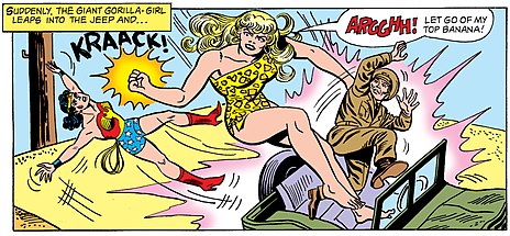 The Silver Age Giganta kidnaps Steve Trevor  in Wonder Woman (vol. 1) #163 (1966); art by Ross Andru.