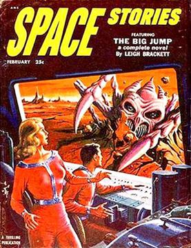Cover of the February 1953 issue by Emsh, showing three of the stereotypes of sf art: "the spaceman, the voluptuous blonde, and the threatening bug-eyed monster" Space Stories February 1953.jpg