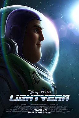 Buzz Lightyear in the space ranger suit sees the outer space on the right. "Lightyear" is written in the bottom middle corner, with the release date "June 17" on the bottom.