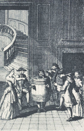 Refinement meets burlesque in Restoration comedy. In this scene from George Etherege's Love in a Tub (1664), musicians and well-bred ladies surround a man who is wearing a tub because he has lost his trousers.