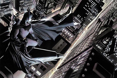 Batman overlooks Gotham, his home city. Art by Alex Ross.