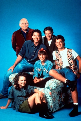From top to bottom: Barnard Hughes as Grandpa Buzz, Ted Wass as Nick Russo, Michael Stoyanov as Tony Russo, Joey Lawrence as Joey Russo, Mayim Bialik as Blossom Russo, and Jenna von Oÿ as Six LeMeure