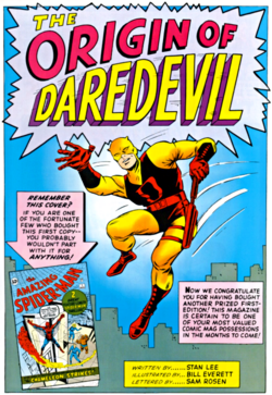 Splash page of the first issue of Daredevil (April 1964) features the hero in his original costume. Art by Jack Kirby (penciler) and Bill Everett (inker).[6]