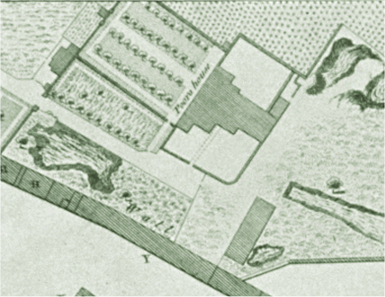Detail from Thomas Milton's 1753 plan of Deptford Dockyard, showing the Poore House.