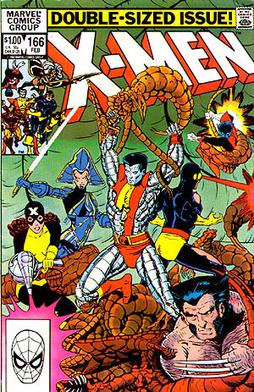 Cover to Uncanny X-Men #166. Art by Paul Smith. Featured are the X-Men (Kitty Pryde, Lilandra, Colossus, Cyclops, Wolverine, and Nightcrawler) fighting the Brood