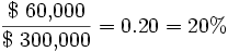 \frac{\$\ \mbox{60,000}}{\$\ \mbox{300,000}}=0.20=20\%
