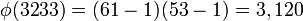 \phi(3233) = (61 - 1)(53 - 1) = 3,120