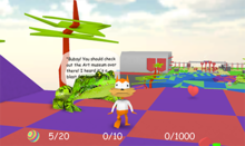 In-game screenshot of Bubsy being advised by a talking frog to visit the art museum Bubsy 3D Bubsy Visits the James Turrell Retrospective Gameplay.png