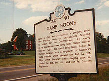 Tennessee State Historical Marker #3C 40 located on US Hwy 79 East (Guthrie Road) in Clarksville, Tennessee indicating the location of Camp Boone. Camp Boone TN-C40.jpg