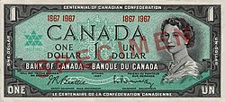 Canada $1 Centennial banknote, with dates, obverse.jpg