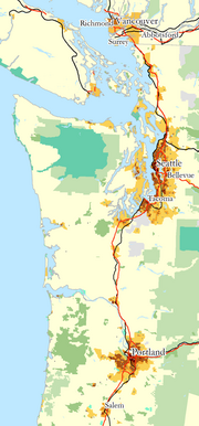 Map of "megacity", showing population density (shades of yellow/brown), highways (red), and major railways (black). Public land shown in shades of green. Cascadia megacity map.png