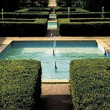 A pool surrounded by topiary
