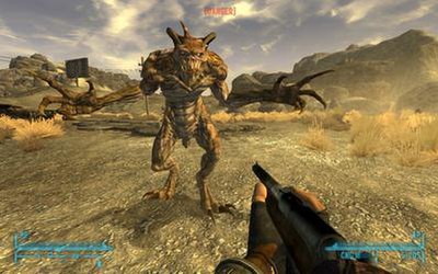 Fallout: New Vegas features a wide variety of weapons that players can use in combat. Here, the player fights an enemy known as a deathclaw with a rif