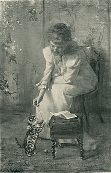 Black and White photo of a painting featuring a woman in a dress sitting in a chair and playing with a small cat.