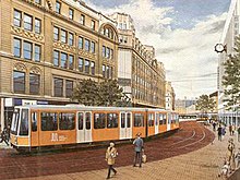 An early artist's impression of the proposed tram system in Market Street in 1984 Metrolink artists impression 1984.jpg
