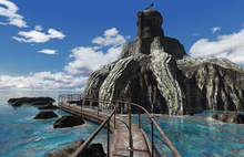 A screenshot of Riven, showing the prison island where the non-player character Catherine is held captive Riven-prison.png