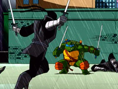 Leonardo fighting the Foot Clan's ninjas in the season 1 episode "Shredder Strikes Back: Part One".