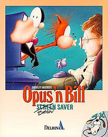 Bloom County karakterleri Opus the Penguin ve Bill the Cat, bir CRT bilgisayar ekranından ortaya çıkan kedi ile şaşkın görünen bir kullanıcıyı burnundan öpüyor.