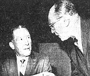 Chester L. Washington, right, was owner of the Wave Publications newspaper chain, with production and headquarters in Angeles Mesa. Here he debates with Los Angeles Mayor Sam Yorty, 1965.