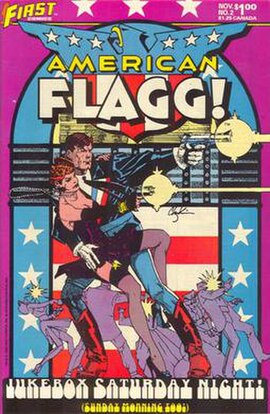 American Flagg #2 (Nov. 1983) by Chaykin. The piece shows off Chaykin's sense of design, clear lines, fashionable clothing, and American nostalgia and