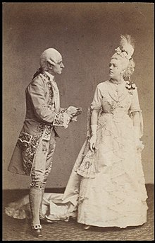 Hare as Sir Peter Teazle and Marie Wilton (Mrs Bancroft) as Lady Teazle, in The School for Scandal in 1874