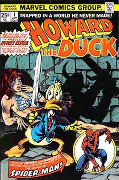 Howard the Duck #1 (Jan. 1976), with series co-star Beverly Switzler in background. Cover art by Frank Brunner.