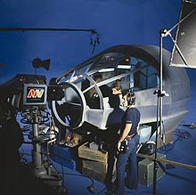 Harrison Ford and Peter Mayhew in the cockpit of the Millennium Falcon during the making of a scene from the Star Wars Holiday Special Millennium Falcon cockpit.jpg