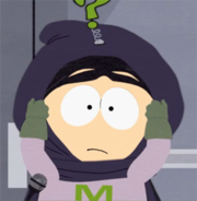 Mysterion unmasked at the end of the episode. Originally intended to have been a generic, unnamed classmate of the main characters, his identity is revealed in "Mysterion Rises". MysterionUnmasked1.png