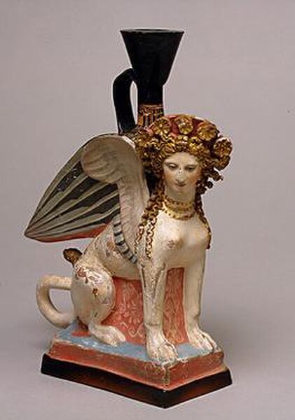 A terracotta vessel in the shape of a sphinx, 5th century BC. One of 26 similar pieces discovered in a feminine necropolis ("Demeter's priestess") nea