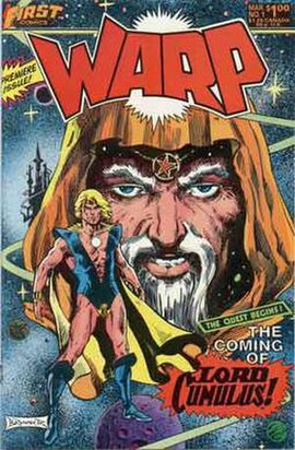 Spin-off comic book Warp #1 (March 1983), depicting the play's characters Lord Cumulus (foreground) and Prince Chaos. Cover art by Frank Brunner.
