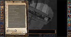 The user interface for the Windows version; an update in 2016, coinciding with the game's expansion, improved the Journal system with an overlay for the main game screen, along with separation of quest logs and an on-screen prompt when quests are started, updated, or completed. BGEE-Game Screenshot.jpg