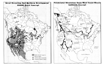 Map of GRAND (left) compared with map of the North American Water and Power Alliance (right), a continental water management scheme of similar scale ComparisonGCNA-NAWAPA1.gif