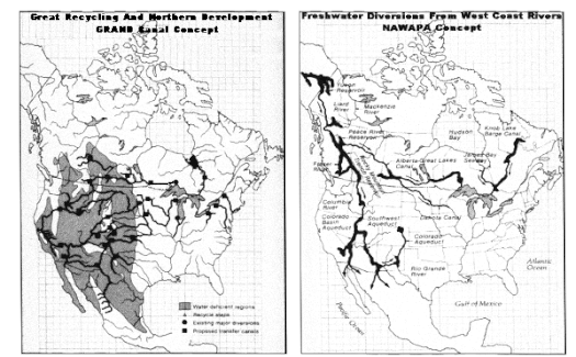 Map of the NAWAPA project (right), as compared with the GRAND, a continental water management scheme of similar scale ComparisonGCNA-NAWAPA1.gif