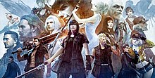 Promotional artwork by Yuki Matsuzawa featuring the core and supporting cast of Final Fantasy XV and its expanded media. Top from left: Aranea Highwind, Ardyn Izunia, Idolas Aldercapt, Iris Amicitia, Nyx Ulric, Regis Lucis Caelum, Ravus Nox Fleuret, Lunafreya Nox Fleuret, Gentiana/Shiva, Cid Sophiar, Cor Leonis, Gladiolus Amicitia, Noctis Lucis Caelum, Prompto Argentum, Ignis Scientia, Cindy Aurum, and Carbuncle. FFXV Cast.jpg